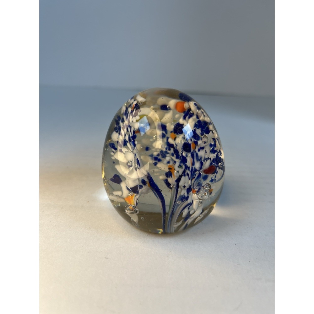Hand Blown Art Glass Paperweights Controlled Bubble White Blue
